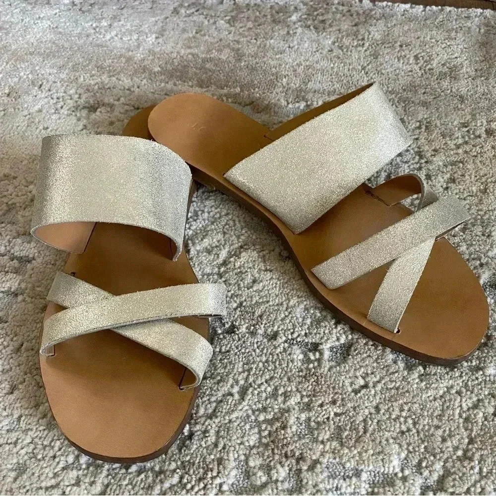 J. Crew Metallic Shimmer Gold Bali Glitter Leather Sandals Slides Flip Flops: 9